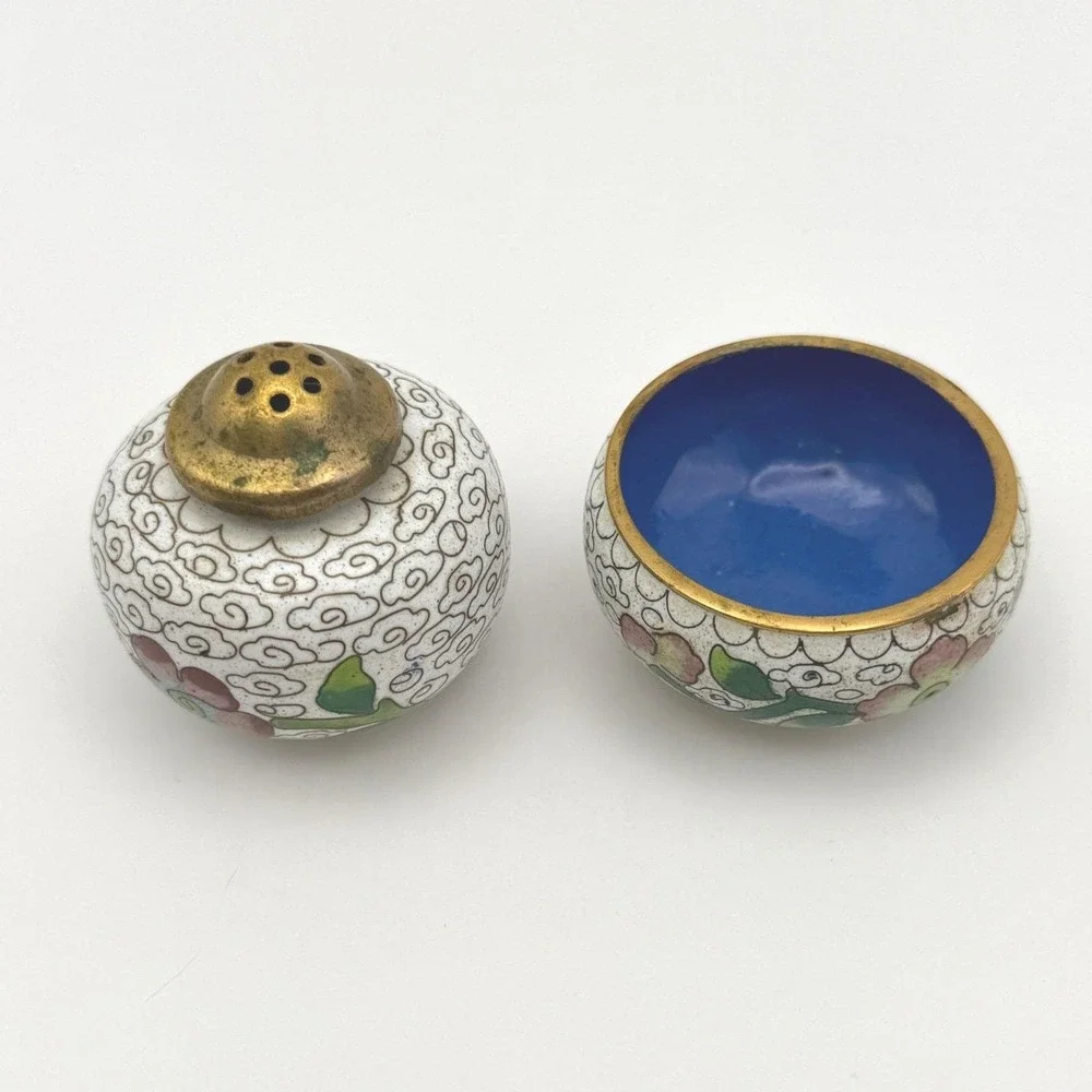 Vintage Chinese Cloisonne Enamel Salt Cellar Pepper Shaker Set Floral Gold